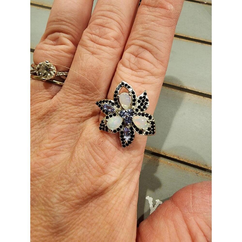 Fire Opal & Black Spinel Tanzanite 925 Sterling Silver Ring Size 9.25 - Picture 5 of 8